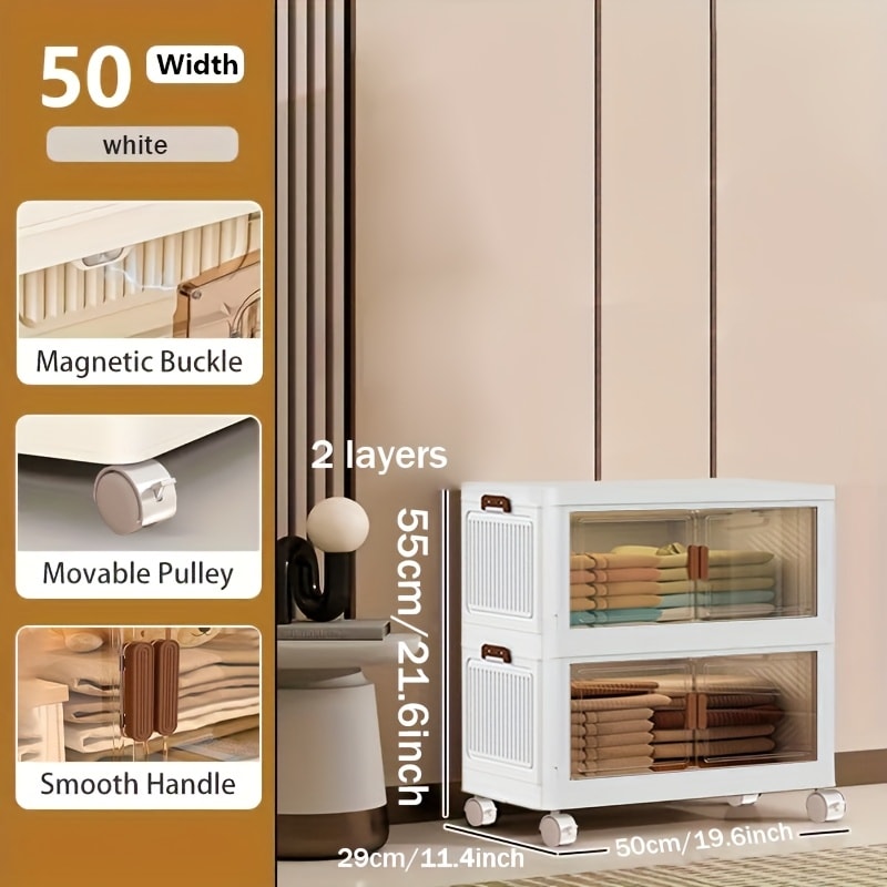 Stackable Storage Cabinet with Doors and Wheels | Collapsible Plastic Locker 1-5 Layers Large Capacity Home Organization for Bedroom Living Room Kitchen Easy Assembly Space Saving