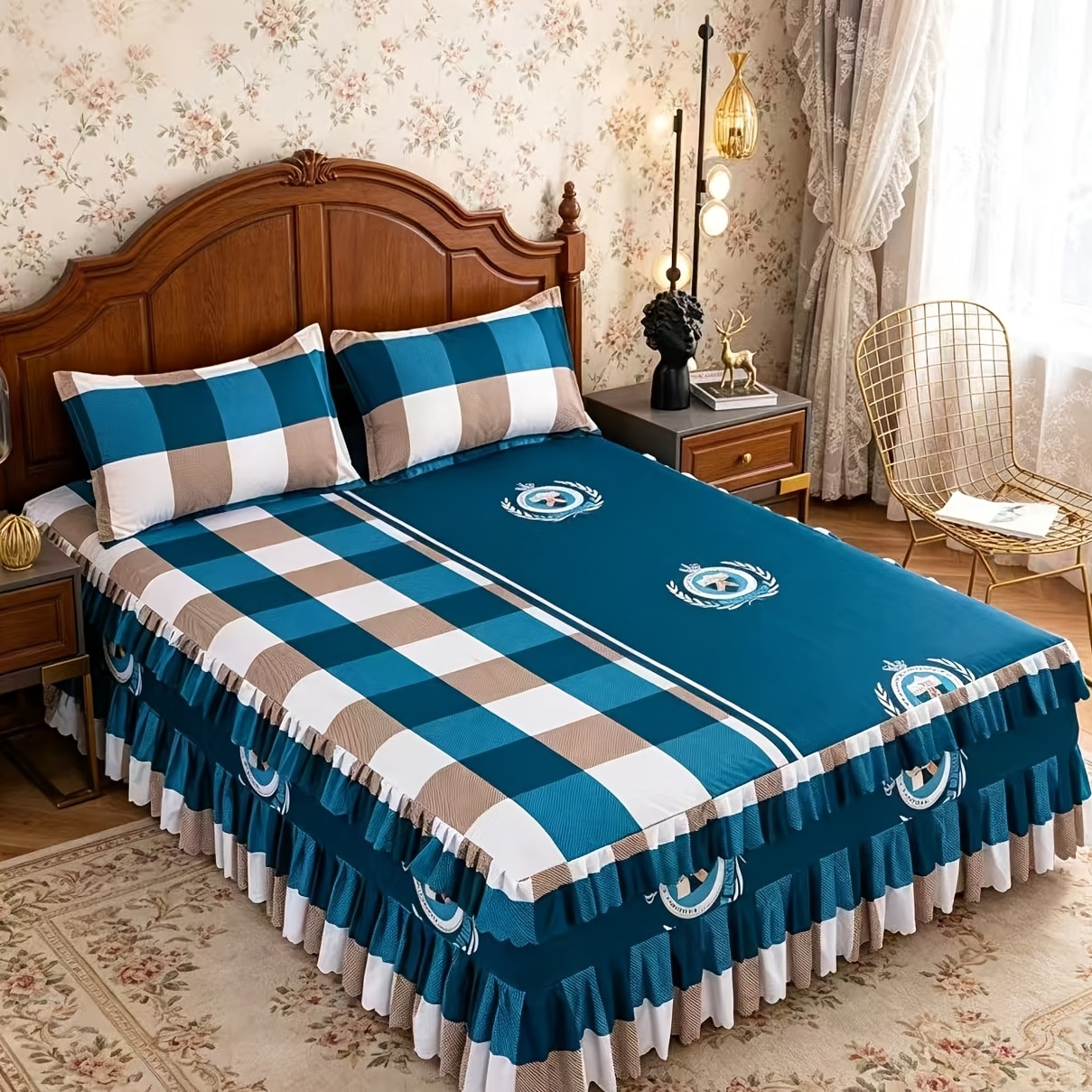 Floral Bed Skirt Set 3 Piece Tropical Print Ruffle Bed Skirt with 2 Pillowcases All-Season Polyester Machine Washable Bedroom Bedding Set Pink Purple Blue Peony Rose 150x200 180x200 200x220