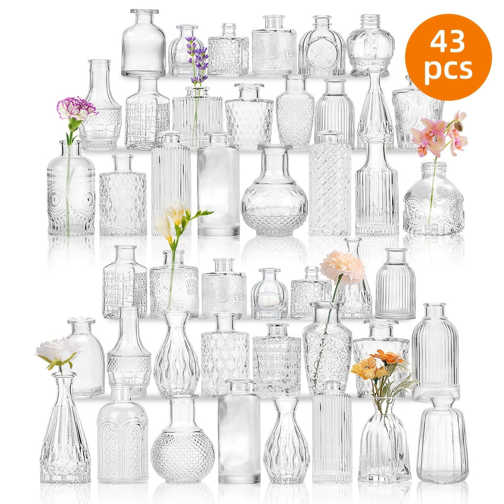 Mini Clear Bud Vases Bulk Set 12/30/43/52pcs ¨C Small Glass-Look Flower Vases for Wedding Centerpieces, Birthday Party, Anniversary, Home Table Decor, Multiple Sizes