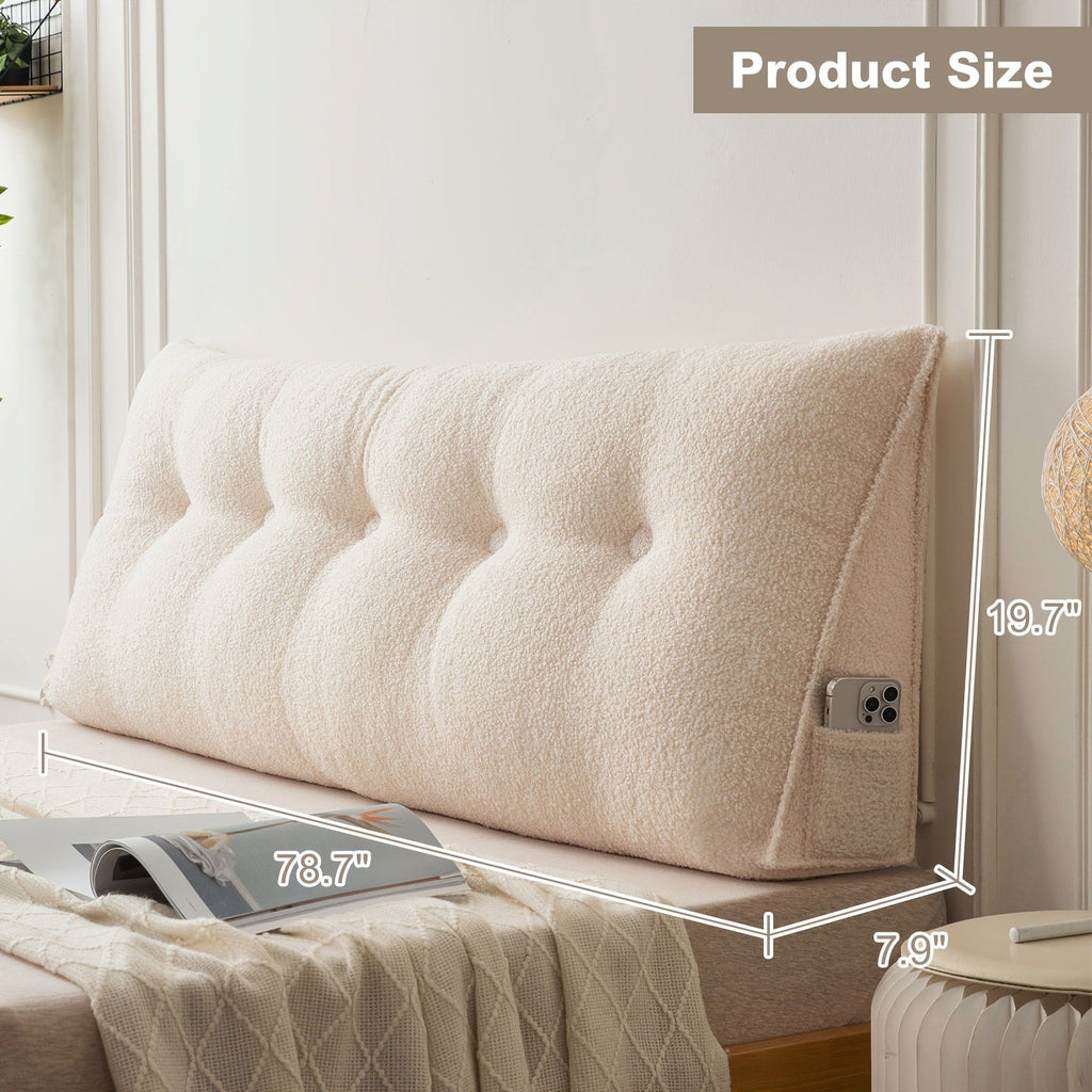 Bed Wedge Pillow Headboard Pillow with Side Pockets Removable Washable Cover Teddy Velvet Reading Pillow Twin Queen King