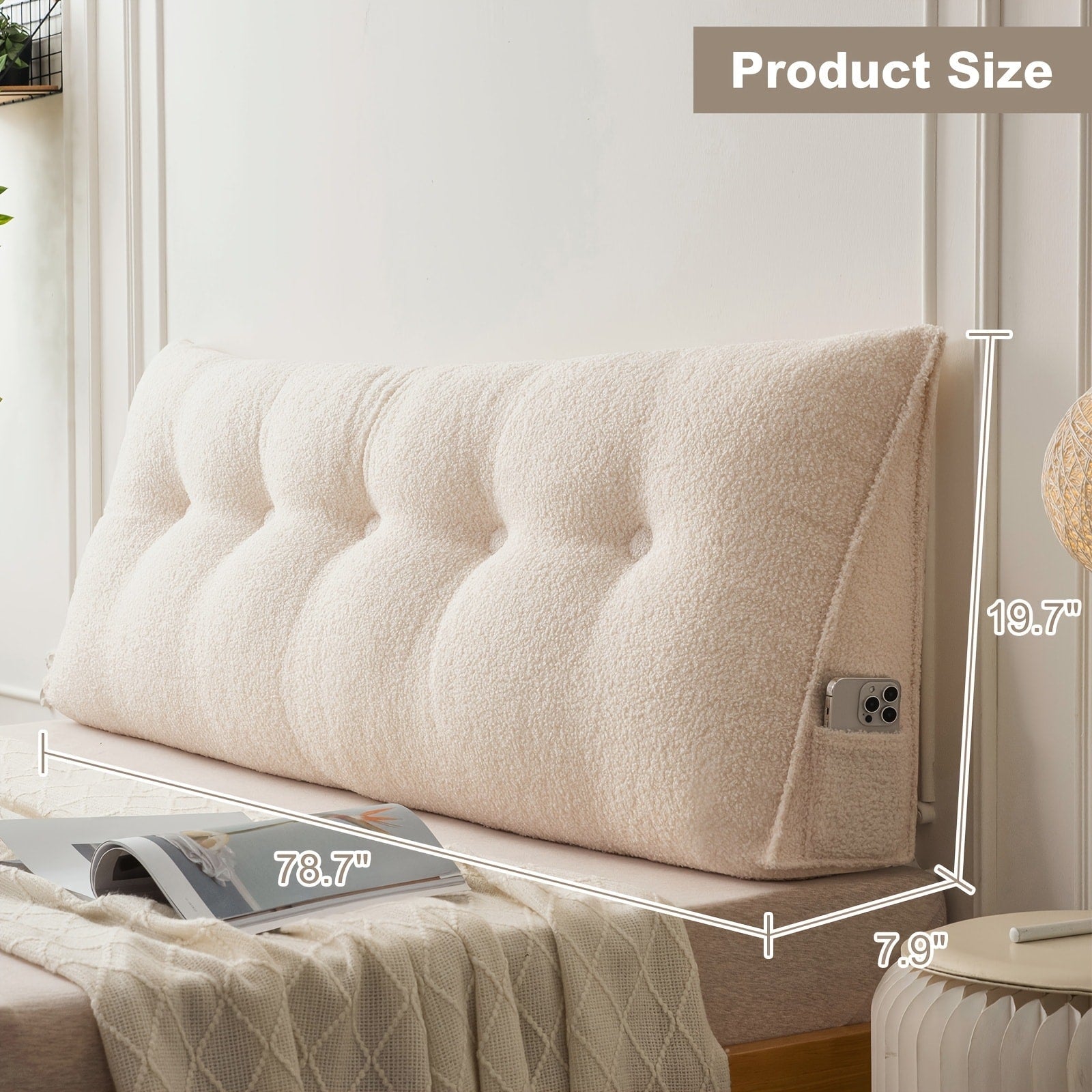 Bed Wedge Pillow Headboard Pillow with Side Pockets Removable Washable Cover Teddy Velvet Reading Pillow Twin Queen King