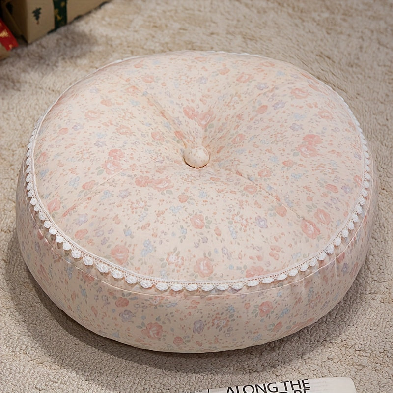Round Floor Cushion Floral Tatami Seat Cushion for Living Room Bedroom Window, Boho Meditation Pillow for Reading & Yoga, Rustic Style Decorative Floor Pillow, Available in Green, Pink, Tangerine