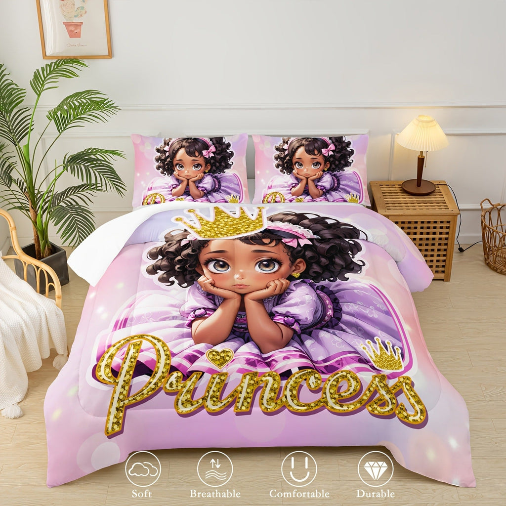 Comforter Set Queen Pink Princess Bedding Set 3 Piece Cute Floral Printed Bed Comforter with 2 Pillow Cases Soft Breathable Polyester All Season Bedding for Home Dorm Bedroom Decoration