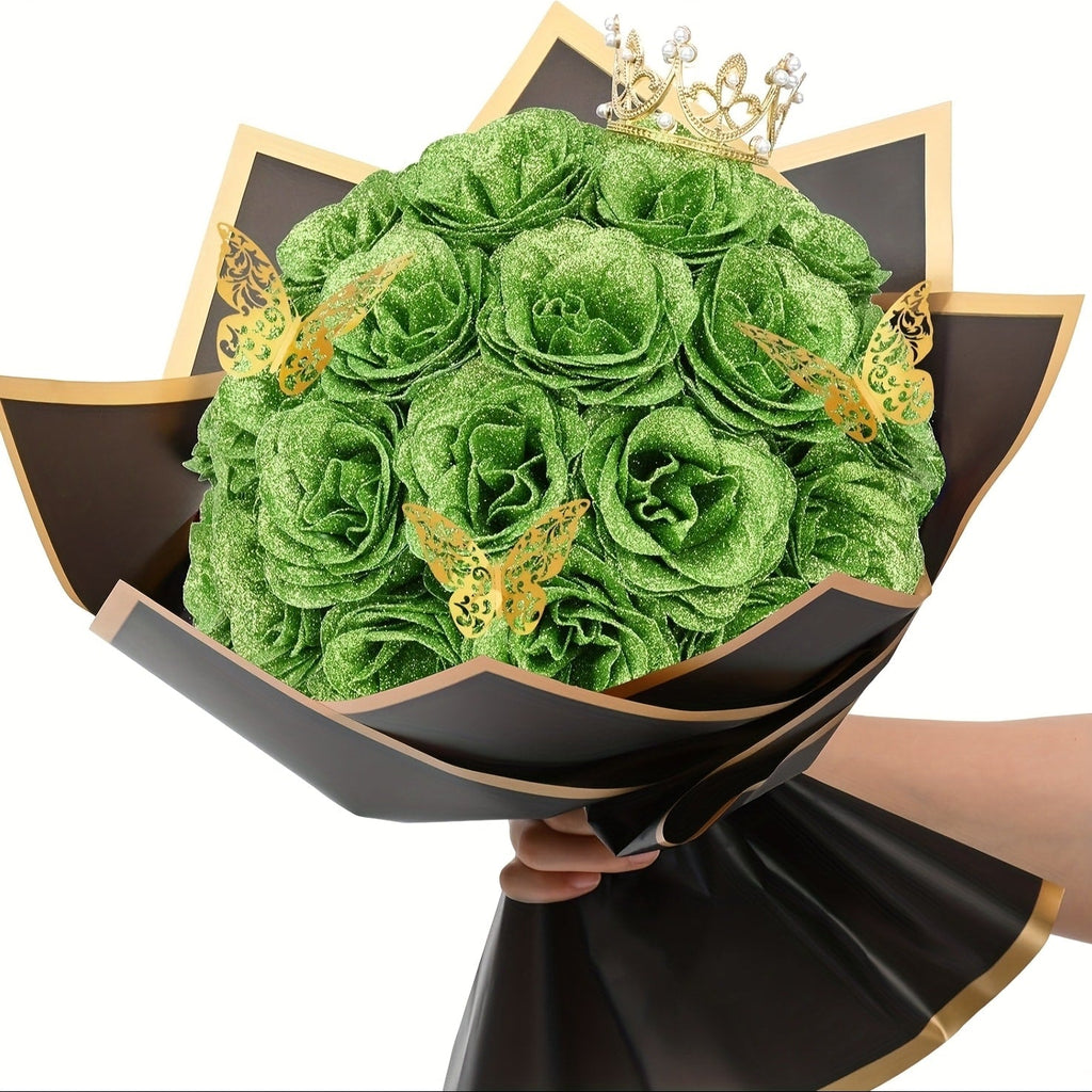 Glitter Roses Bouquet 24/36pcs - Everlasting Artificial Roses with Sparkling Glitter Petals for Valentine's Day, Wedding & Anniversary