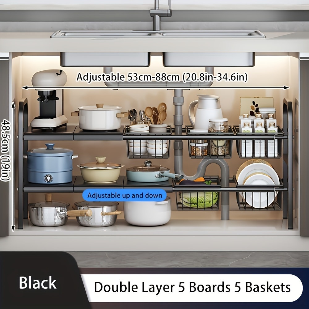 Under Sink Organizer and Storage Expandable 2 Tier Cabinet Shelf Organizer with Detachable Panels and Baskets for Under Kitchen Bathroom Sink, Adjustable Metal Cabinet Storage Rack