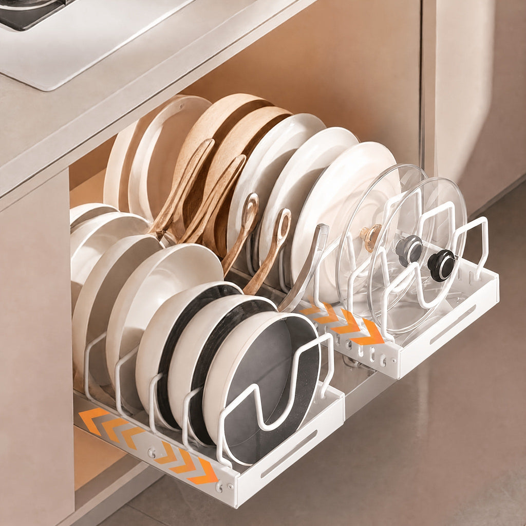 Pull-Out Pot and Pan Lid Rack Cabinet Sliding Storage Organizer - Kitchen Cabinet Slide-Out Box with 8/16 Adjustable Dividers for Lids, Baking Tools & Plates, Black or White, 1 or 2 Pack