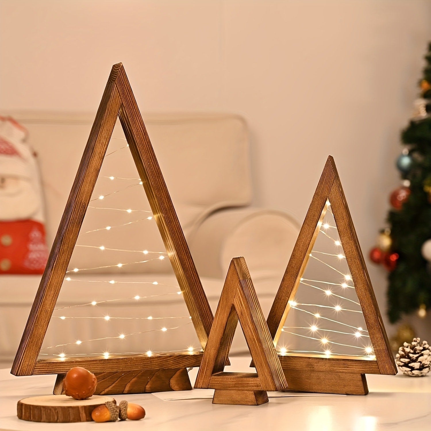 Wooden Light-Up Desktop Christmas Trees USB Powered - Mini Lighted Wood Tree Set for Holiday Decoration, Home & Office Desk, Shelf Display & Room Decor, Reusable Indoor Gift, Set of 2/3/4/5/6