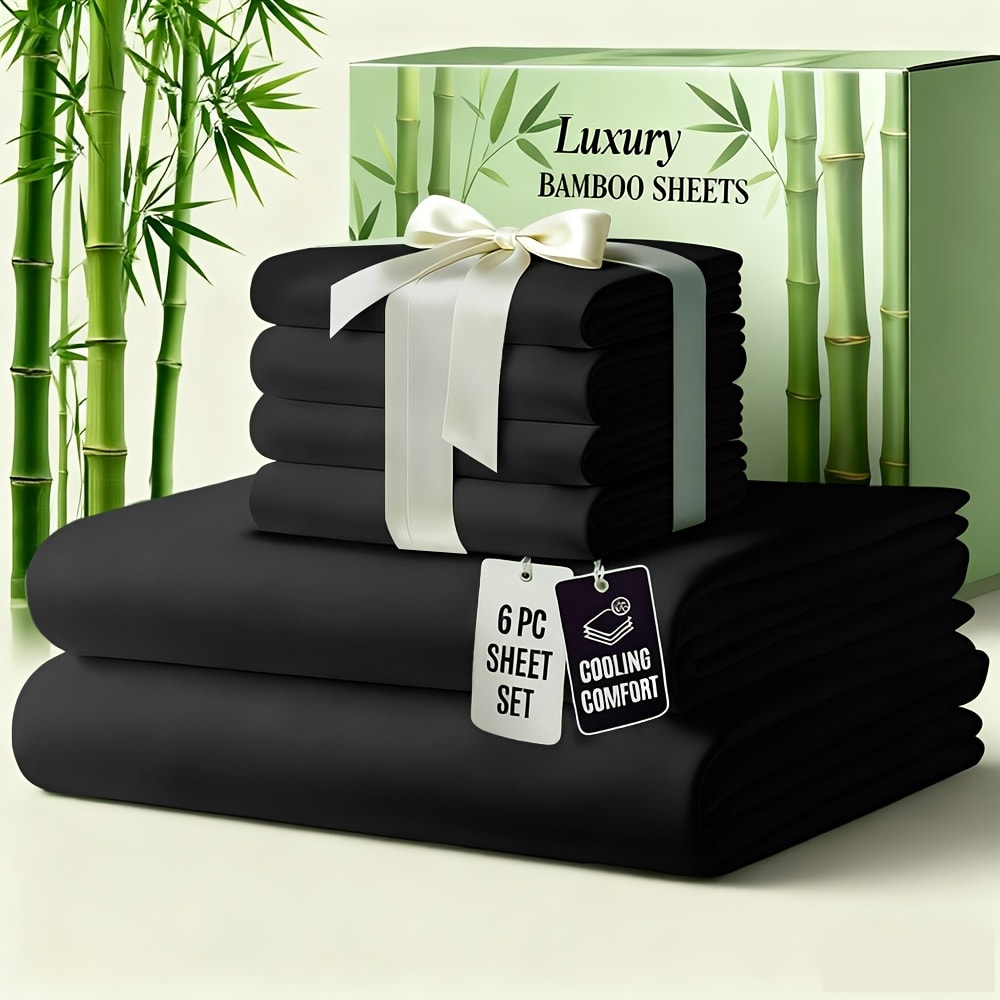 Bamboo Bed Sheet Set 6-Piece Cooling Soft Bedding with Deep Pocket Fitted Sheet - Viscose Derived from Bamboo Sheets Twin Full Queen King Size Breathable Wrinkle-Resistant Luxury Bedding Set