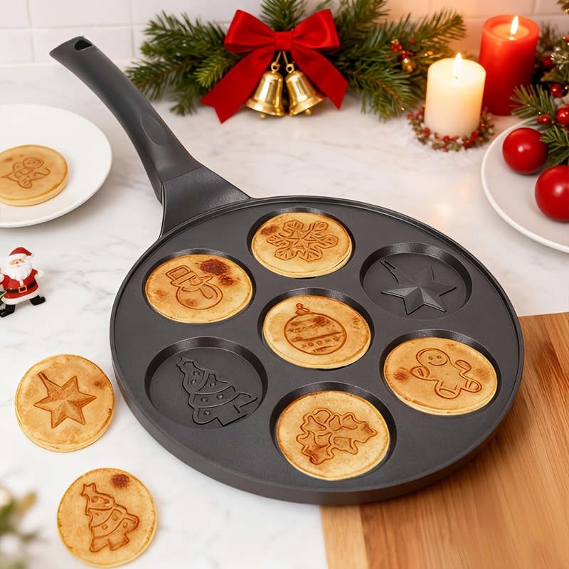 Non-Stick Pancake Pan 7-Hole Smiley Face ¨C Fun Breakfast Egg & Bacon Frying Tray for Kids & Family, Easy to Clean, Mini Pancake Maker Baking Pan Kitchen Cooking Tool