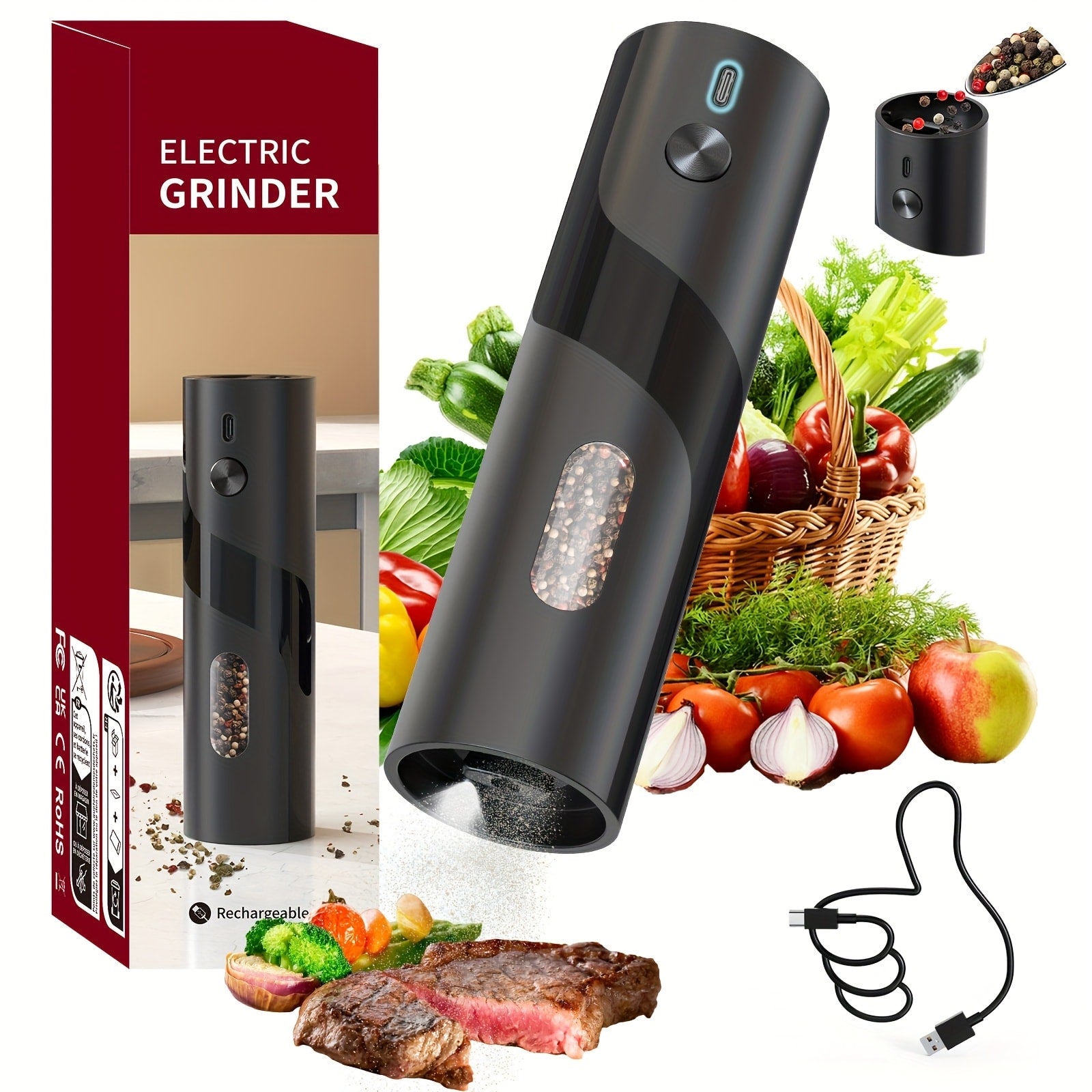 Electric Salt and Pepper Grinder Set with LED Light, Rechargeable Automatic Salt Pepper Mill, Adjustable Coarseness 3.72oz Large Capacity, Kitchen BBQ Restaurant Outdoor Wedding Gift