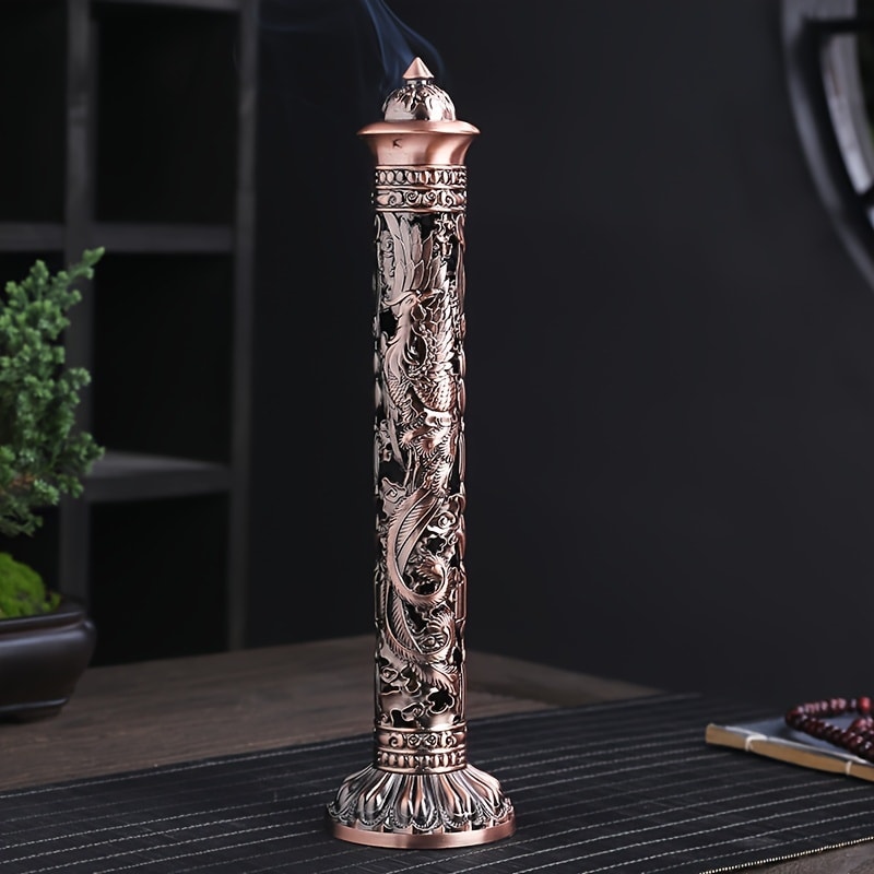 Incense Stick Holder Metal Retro Vertical Design, Dragon & Phoenix Heart Sutra Motif Brass Incense Burner Stand, Home Office Altar Meditation Ceremony Decoration Gift