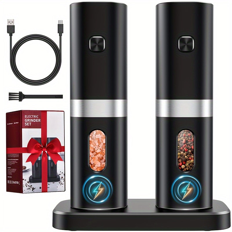 Electric Salt and Pepper Grinder Set 2-Pack Rechargeable with Charging Base & White Light - One-Hand Automatic Operation, Battery-Powered Salt Pepper Mill Set for Kitchen Cooking, Gift for Dad