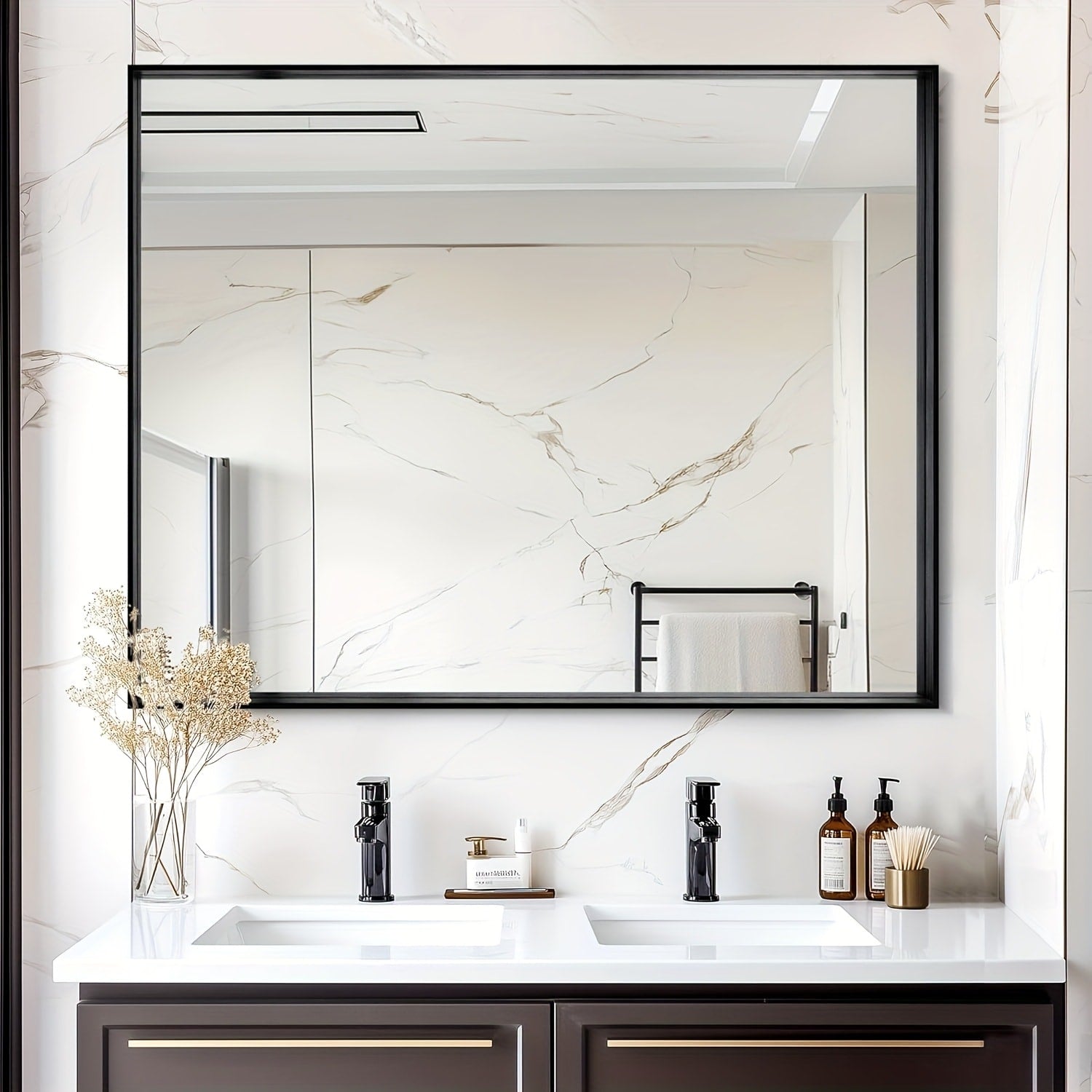 Bathroom Vanity Mirror Wall Mounted Metal Frame Rectangle ¨C Anti-Rust Farmhouse Mirror in Matte Black, Gold & Silver, Multiple Sizes, Horizontal or Vertical Hang