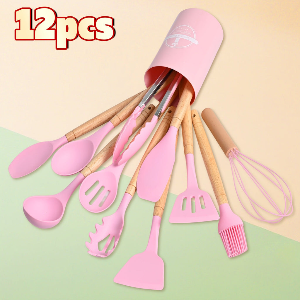 Silicone Kitchen Utensil Set 12PCS with Wooden Handle - Heat Resistant Non-Stick Safe Cooking Spatula Spoon Turner Tongs Brush with Holder for Home Restaurant Gift