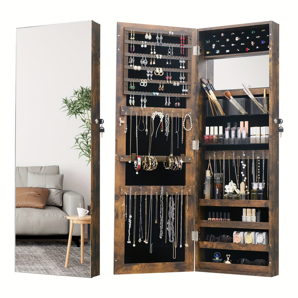 Full Length Mirror Jewelry Armoire Cabinet, 2-in-1 Lockable Over the Door Mirror with Jewelry Storage, Makeup Organizer with Baskets Bins & Hooks, Bedroom Vanity Jewelry Cabinet in Black White Brown