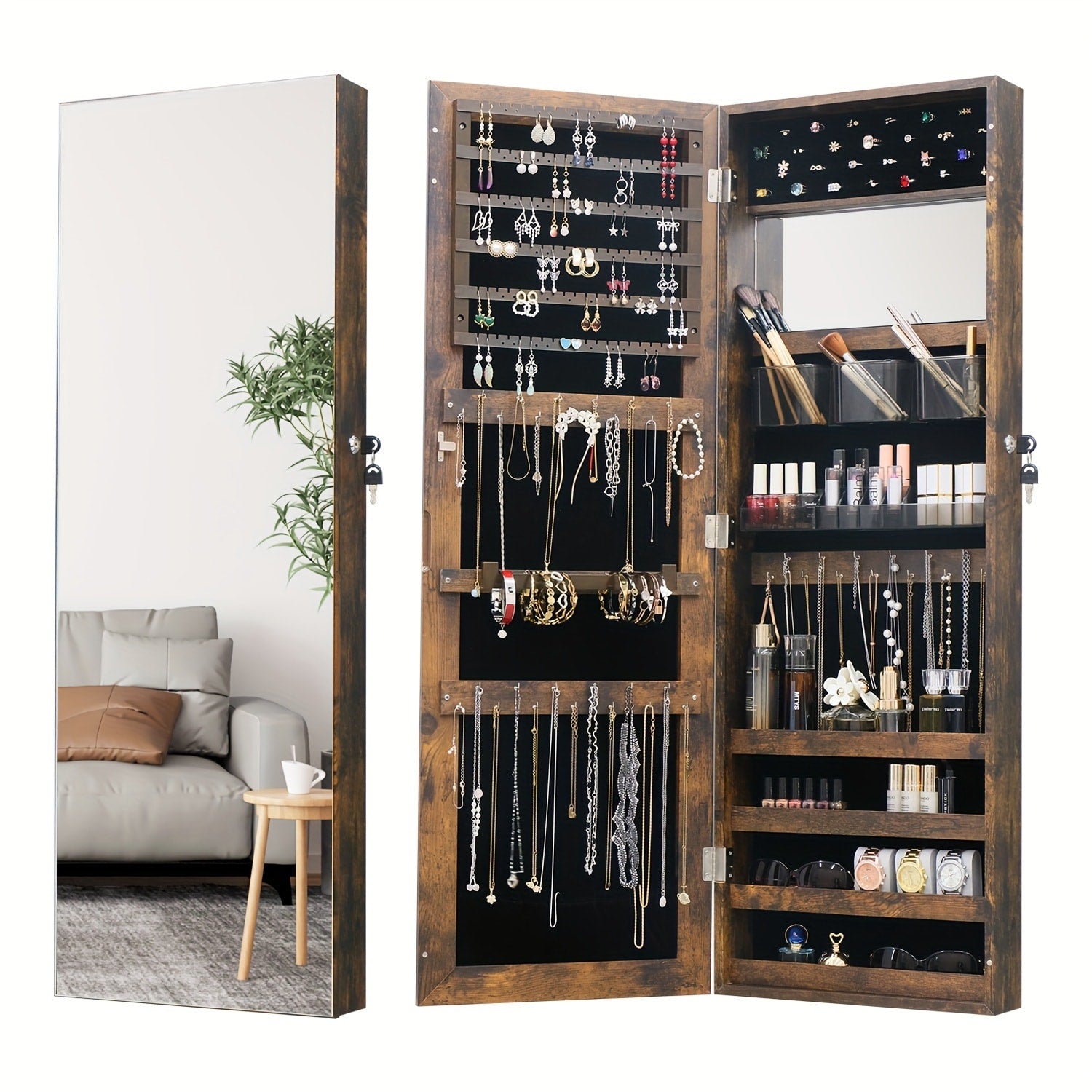 Full Length Mirror Jewelry Armoire Cabinet, 2-in-1 Lockable Over the Door Mirror with Jewelry Storage, Makeup Organizer with Baskets Bins & Hooks, Bedroom Vanity Jewelry Cabinet in Black White Brown