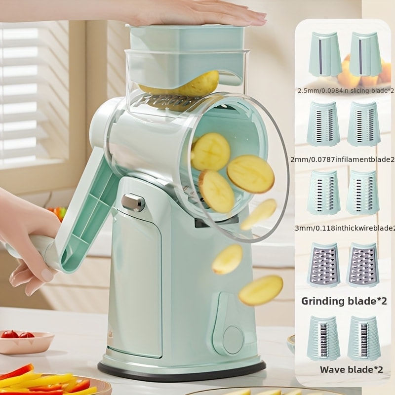 Rotary Cheese Grater with Handle 10 Interchangeable Blades Suction Cup Base Easy Clean Kitchen Slicer for Cheese Vegetables Fruits Nuts