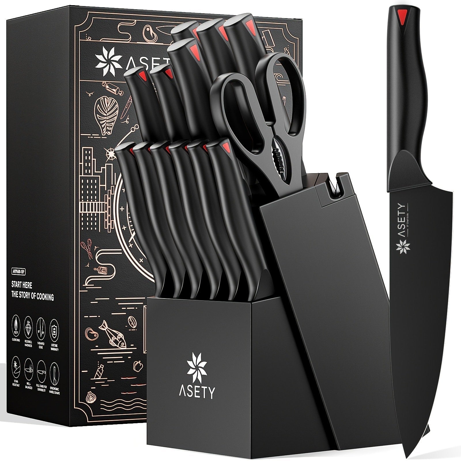 15-Piece Kitchen Knife Set with PP Handle, Professional Chef Knife Set with Block, Stainless Steel Sharp Blade, Ergonomic Non-Slip Handle, Home Cooking & Restaurant Knife Set