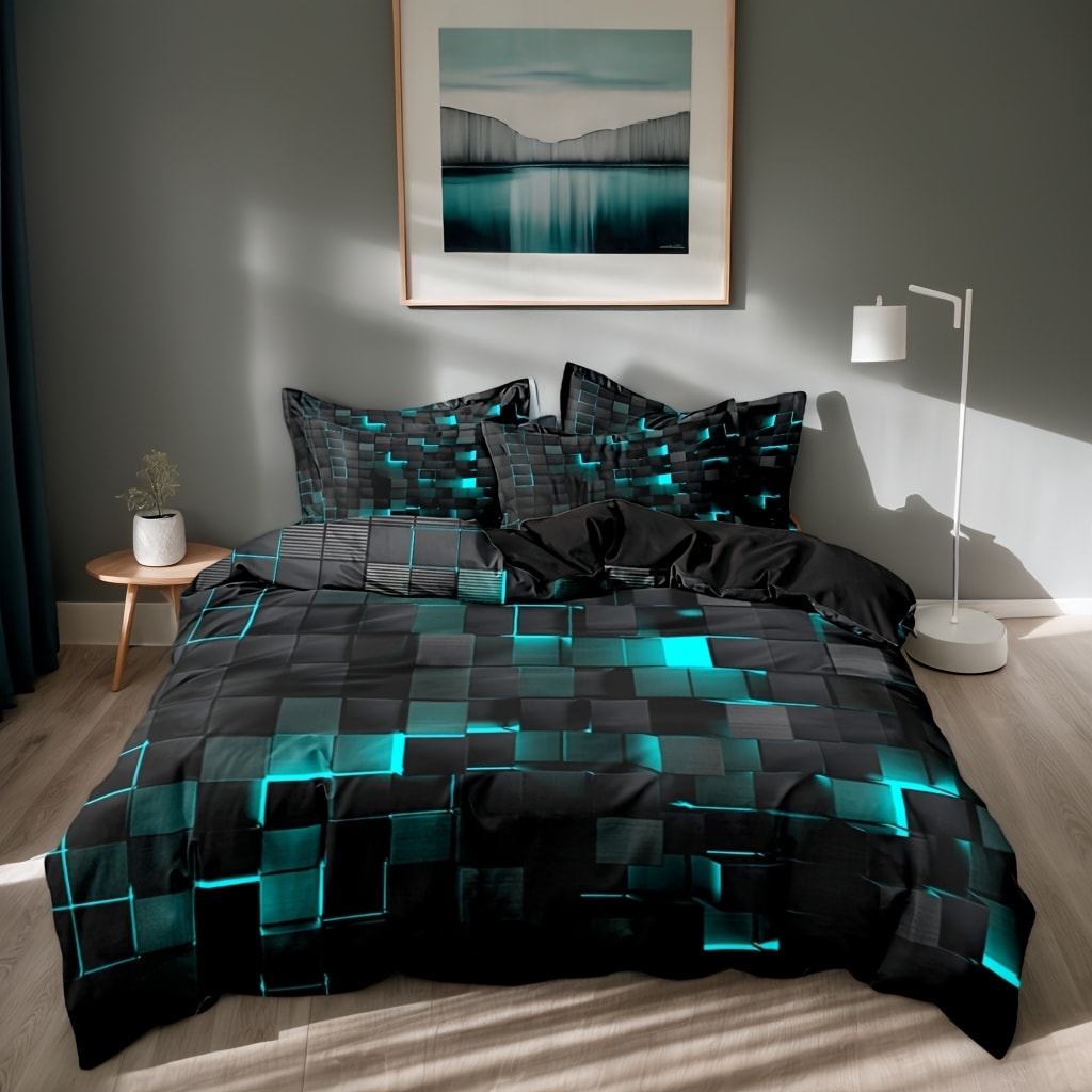 Duvet Cover Set Queen King Twin Full 3D Geometric Cube Print | 3-Piece Polyester Bedding Set | Black Blue Grid Pattern | All-Season Soft Quilt Cover + 2 Pillowcases | Machine Washable