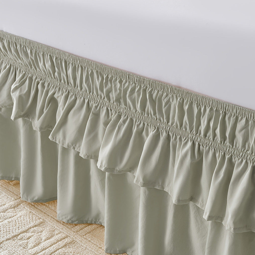 Double Ruffle Bed Skirt 16¡± Drop | Elastic Wrap Around Dust Ruffle for Twin Full Queen King Bed | Easy Install Machine Washable Soft Linen Poly Blend Bedskirt