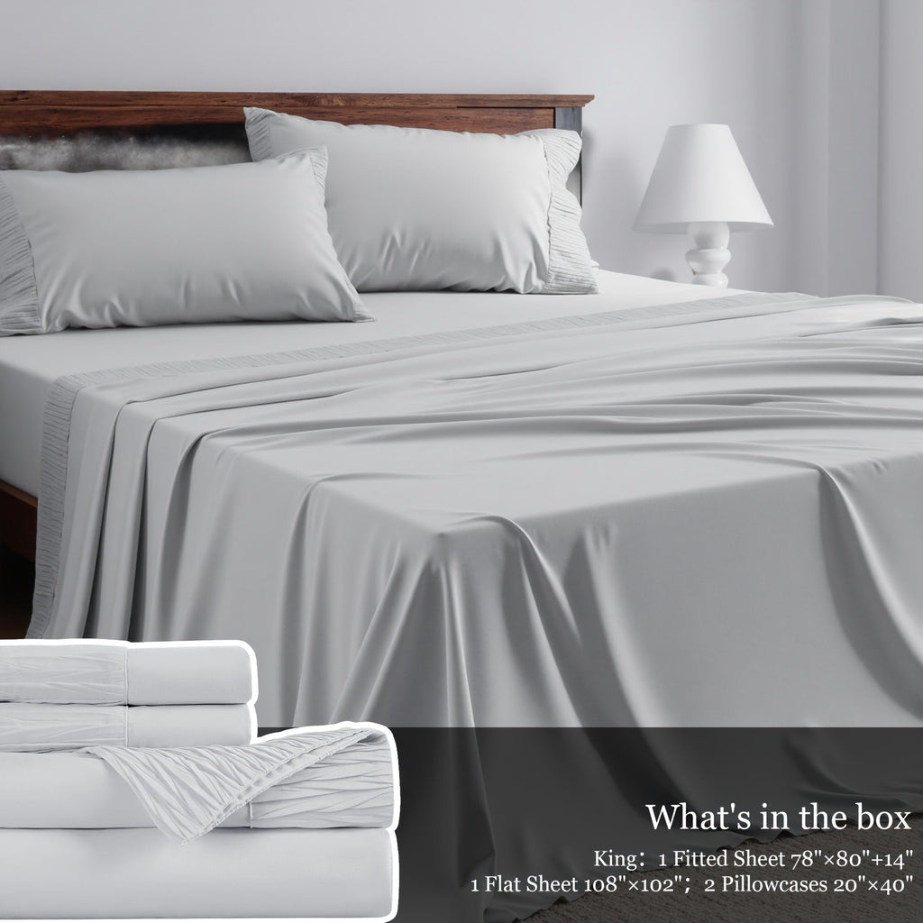 Bed Sheet Set 4-Piece Soft Breathable Cooling Sheets - Flat Sheet, Fitted Sheet & 2 Pillowcases, Wrinkle-Free Hotel Luxury Bedding, All Season Comfort