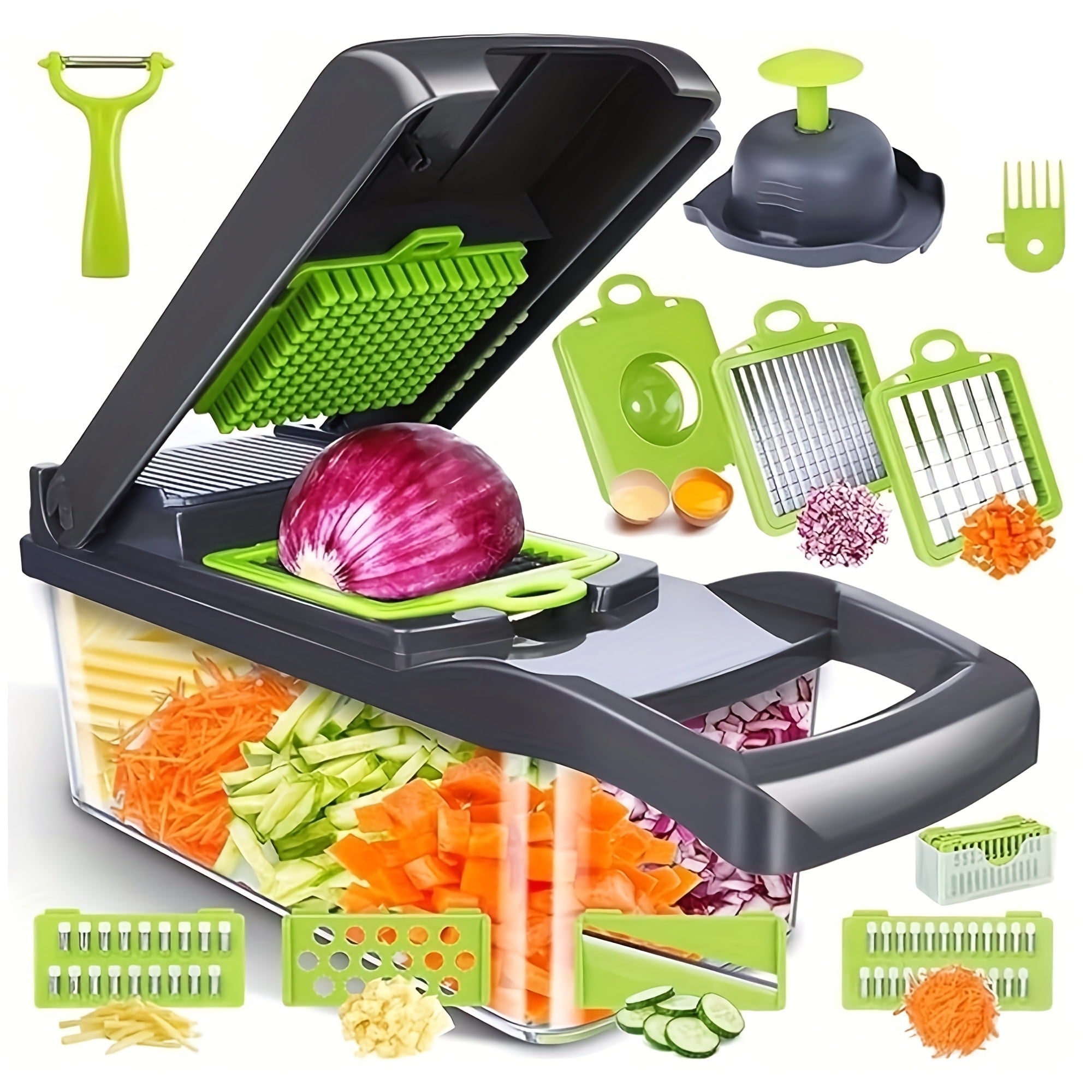 Vegetable Chopper with 3/5 Blades ¨C Multifunctional Onion Chopper, Food Dicer & Salad Cutter with Container | Kitchen Gadget Set for Potato, Carrot, Garlic