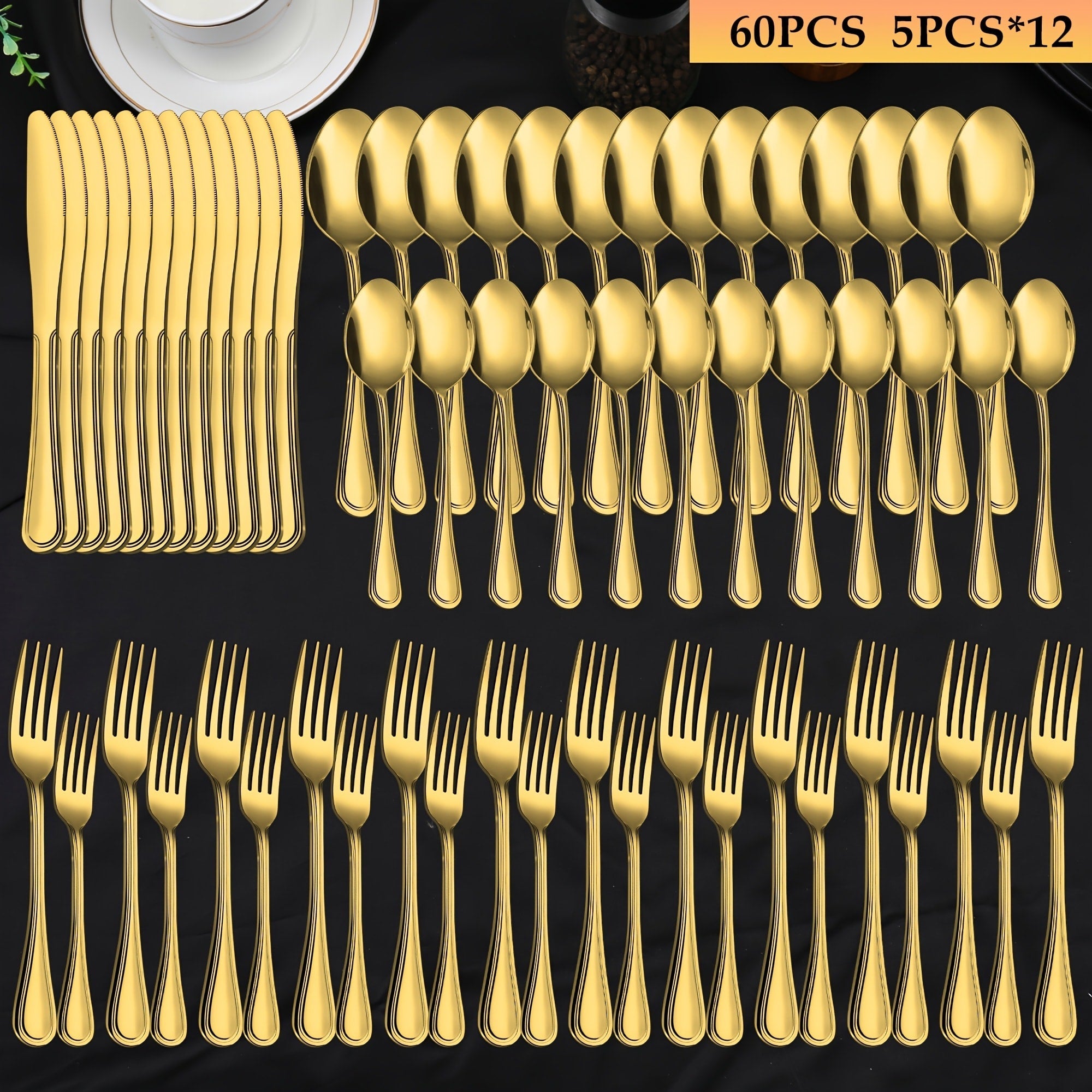 84-Piece Golden Cutlery Set Service for 12 | Knife Fork Spoon Set for Family Gatherings Camping BBQ Kitchen Utensils