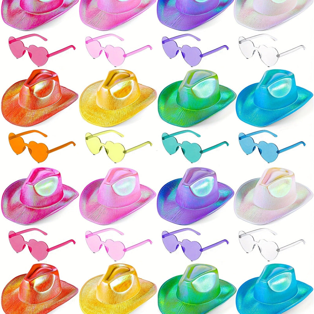 Space Cowgirl Holographic Hat & Rimless Heart Glasses Set 32 Pcs ¨C Sparkly Party Costume Accessories