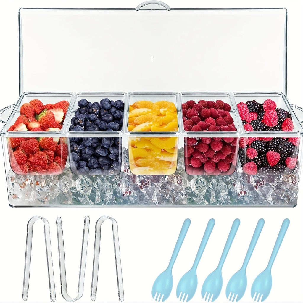 Condiment Caddy with Lid 5 Compartments Clear Serving Tray Bar Fruit Caddy Ice Tray Party Toppings Container Garnish Station