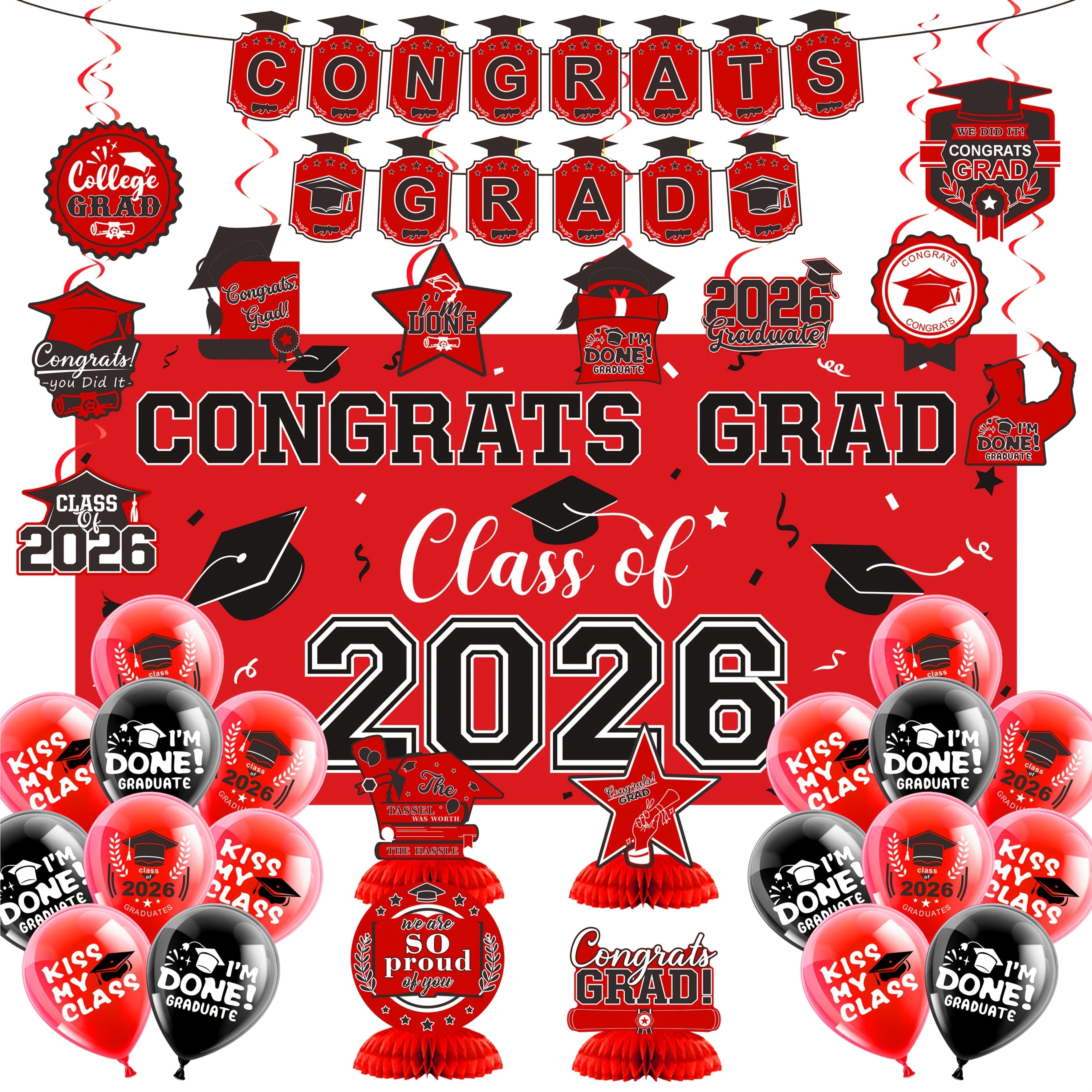 2026 Graduation Decorations Set ¨C Congrats Grad Banner, Backdrop, Hanging Swirls & Honeycomb Table Toppers, Class of 2026 Party Supplies Kit
