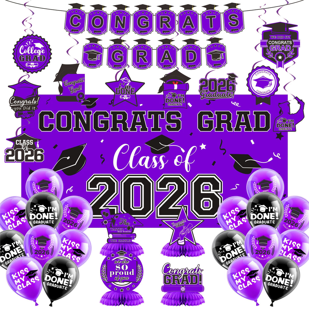 2026 Graduation Decorations Set ¨C Congrats Grad Banner, Backdrop, Hanging Swirls & Honeycomb Table Toppers, Class of 2026 Party Supplies Kit