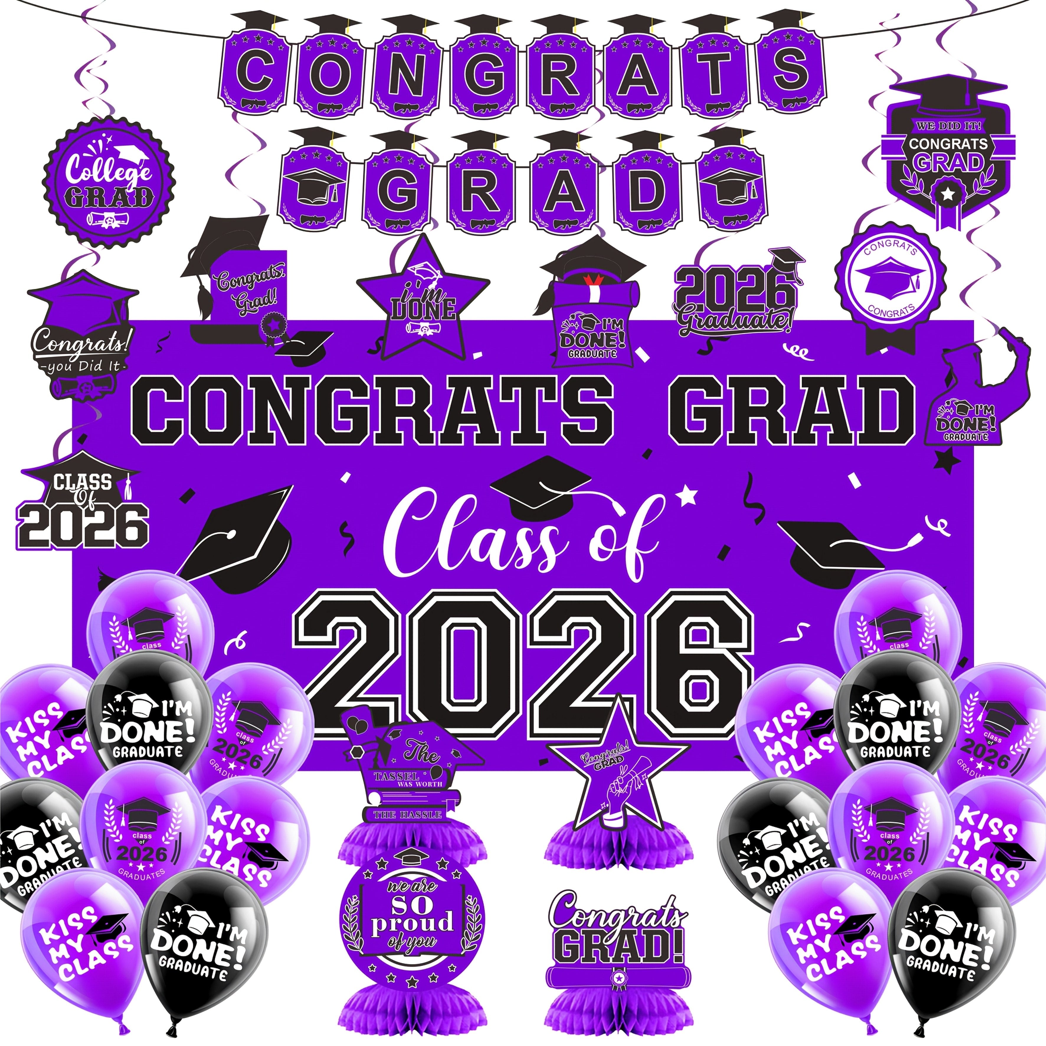 2026 Graduation Decorations Set ¨C Congrats Grad Banner, Backdrop, Hanging Swirls & Honeycomb Table Toppers, Class of 2026 Party Supplies Kit