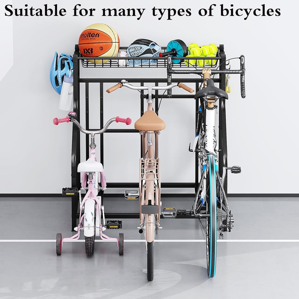 Freestanding Bike Storage Stand with Basket & Hooks ¨C Adjustable Floor Rack for 3-4 Bikes, Indoor Outdoor Garage Organizer