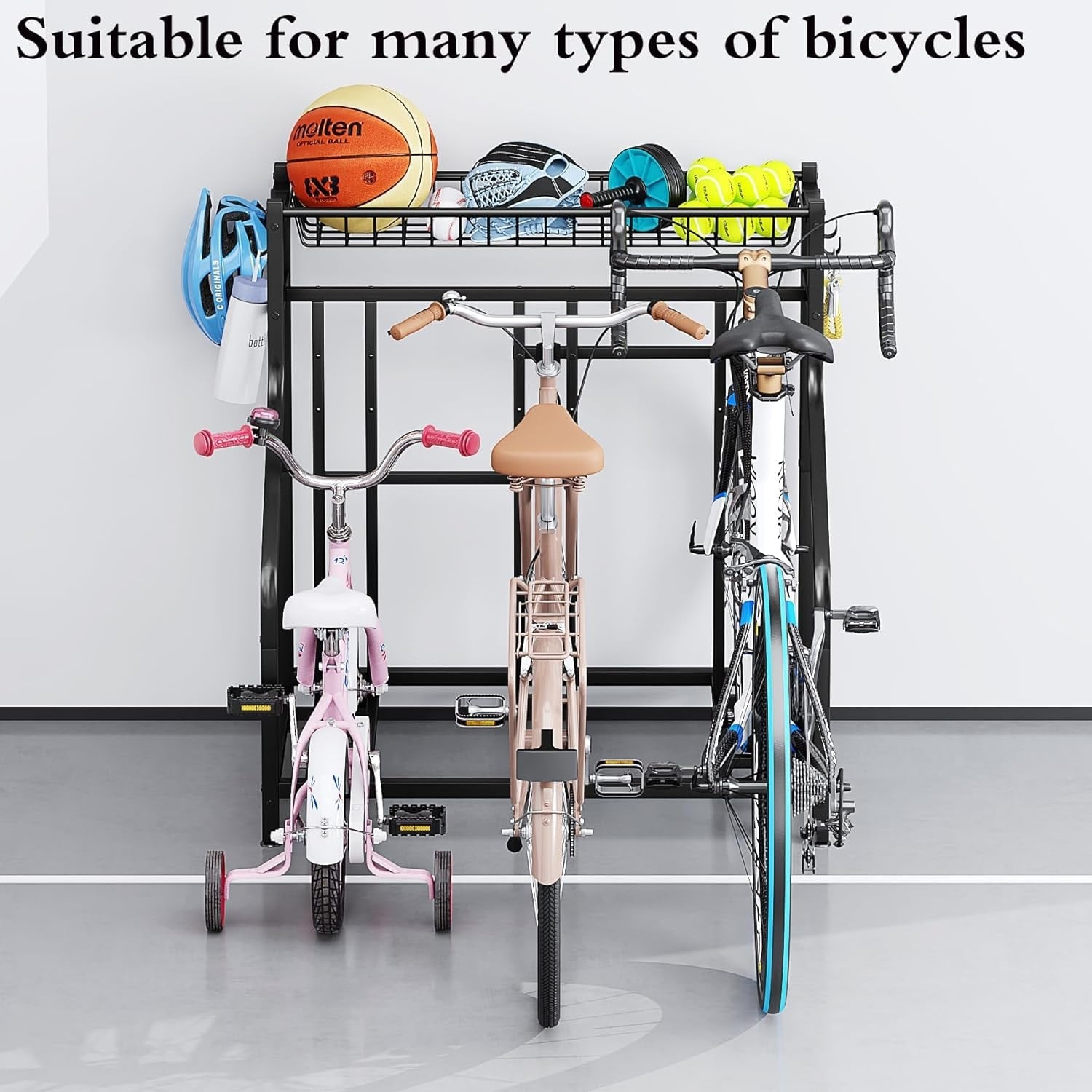 Freestanding Bike Storage Stand with Basket & Hooks ¨C Adjustable Floor Rack for 3-4 Bikes, Indoor Outdoor Garage Organizer