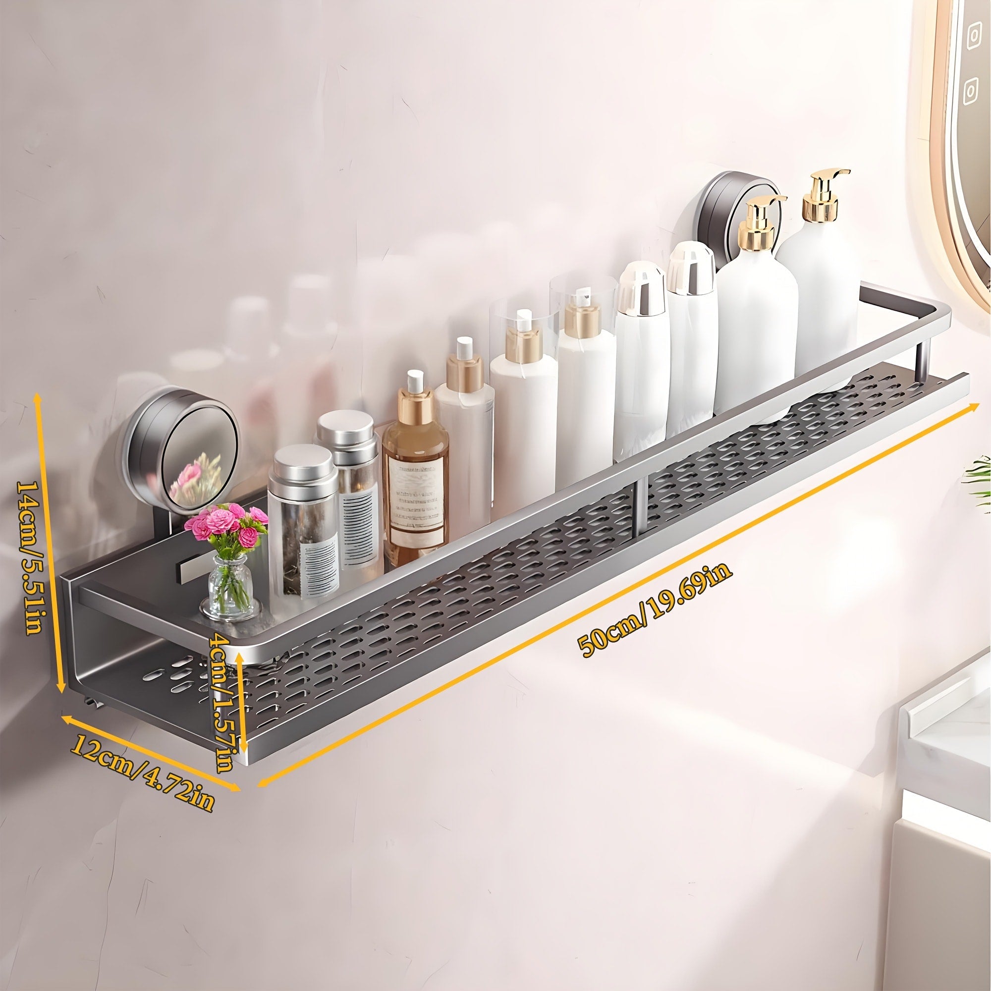 Suction Cup Shower Caddy with Towel Holder Bar, Wall-Mounted Bathroom Shelf Organizer for Shampoo Soap, Heavy-Duty Floating Shower Shelves, Strong Adhesive No Drilling