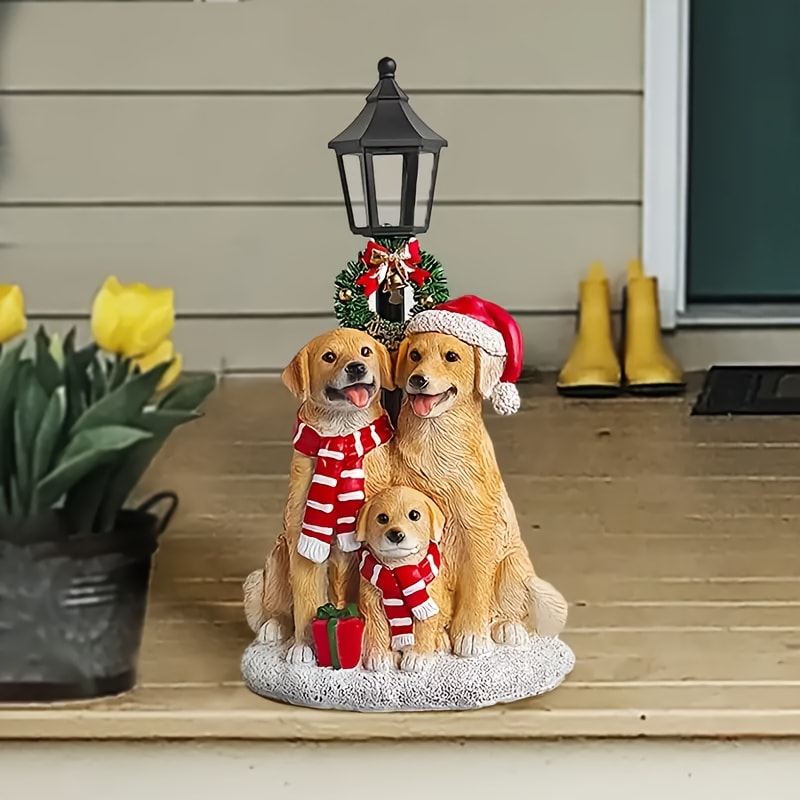 Golden Retriever Family LED Christmas Figurines - Realistic Resin Dog Statues with Santa Hats, Battery-Powered Warm Glow Holiday Decor for Mantel & Tabletop, Gift for Dog Lovers
