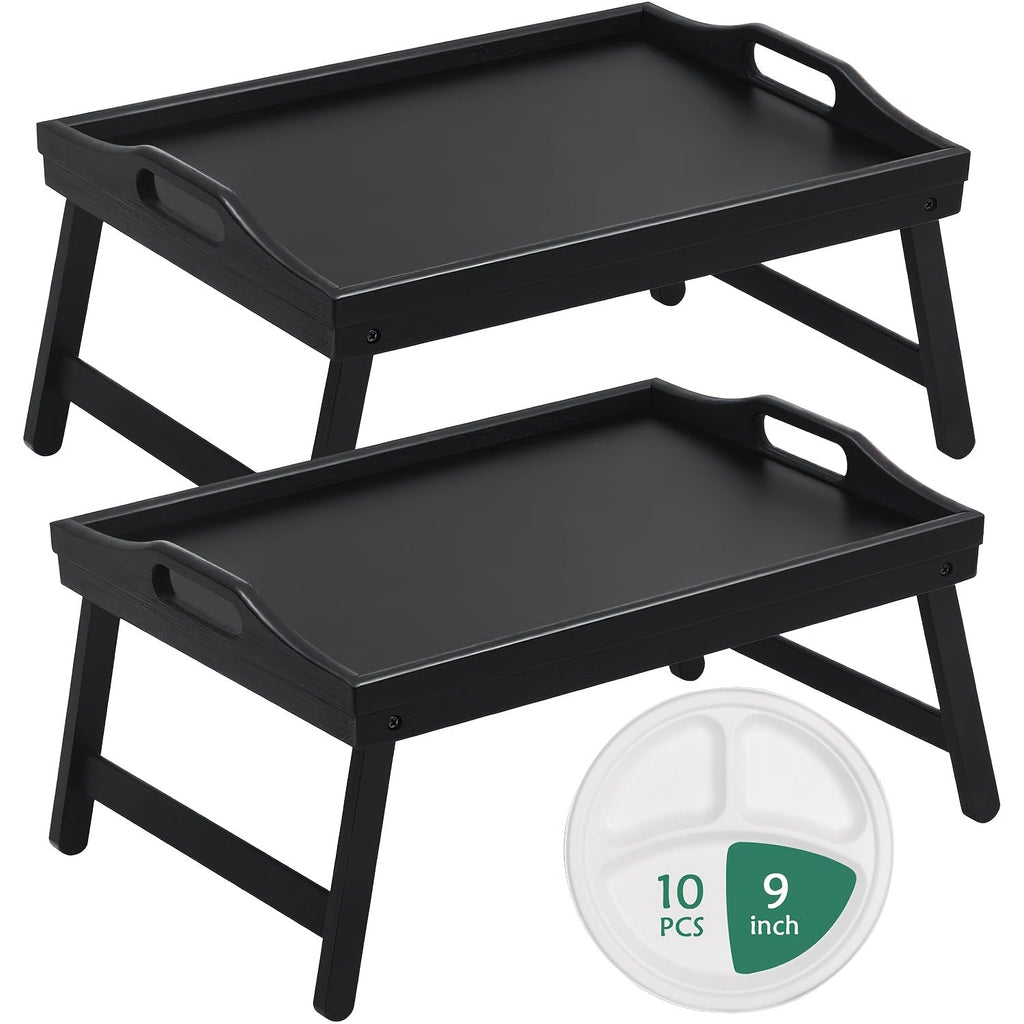 Bamboo Bed Tray Table with Foldable Legs & Handles, Breakfast Tray for Eating, Working & Snacking in Bed ¡ª Food-Safe, Durable Lap Desk | White, Black, Natural Bamboo | 1 or 2 Pack