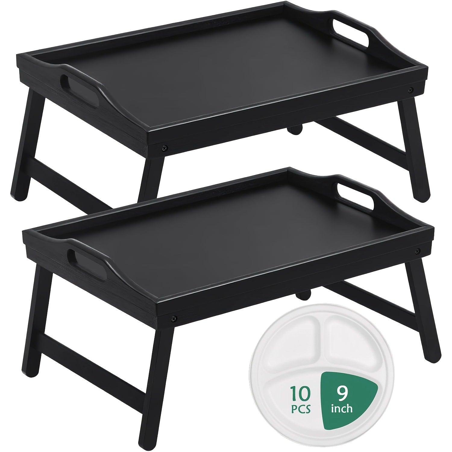 Bamboo Bed Tray Table with Foldable Legs & Handles, Breakfast Tray for Eating, Working & Snacking in Bed ¡ª Food-Safe, Durable Lap Desk | White, Black, Natural Bamboo | 1 or 2 Pack