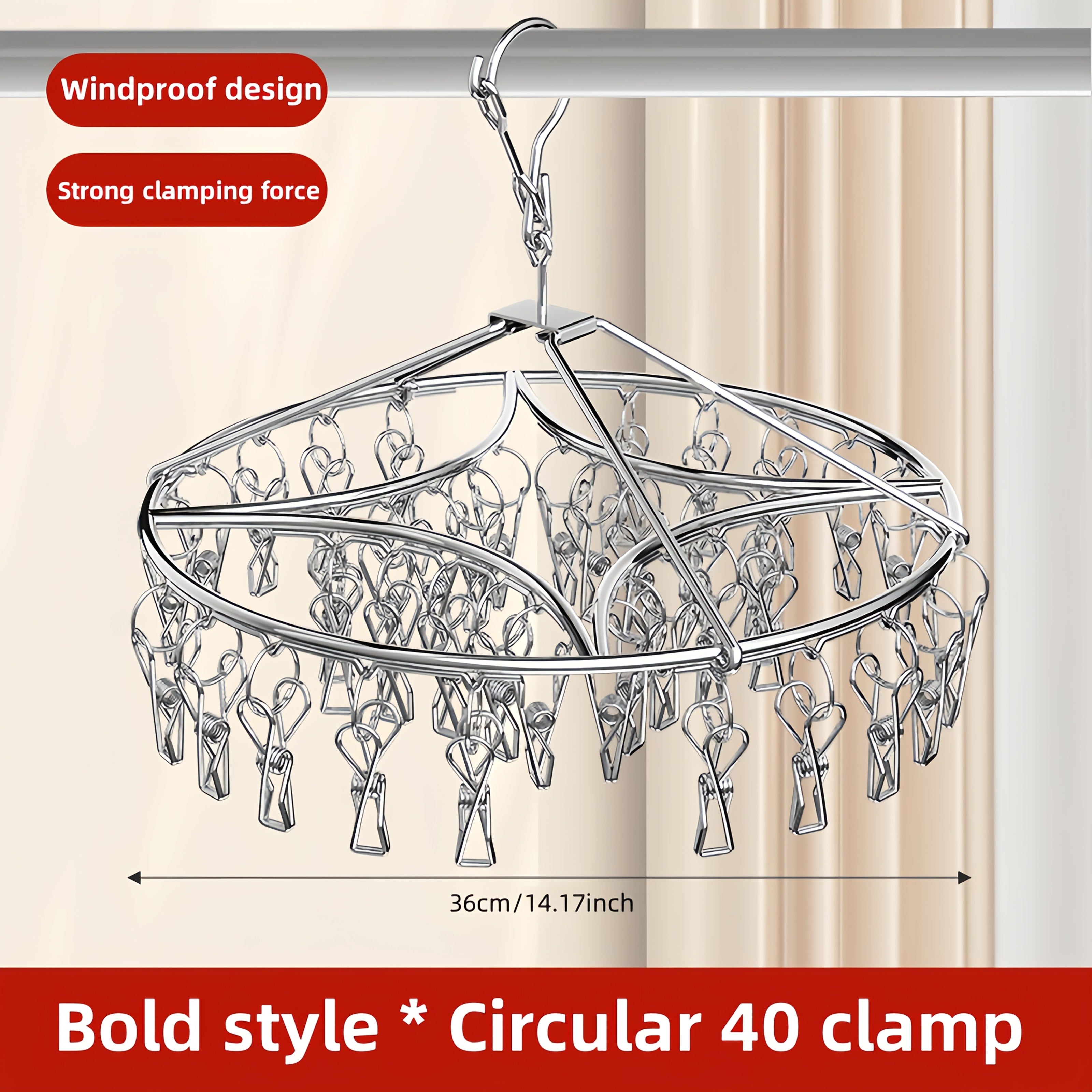 Clothes Drying Rack with Clips Stainless Steel Laundry Hanger Windproof Skidproof Multi-Clip Sock Underwear Dryer for Home Bedroom Balcony ¨C 30/40/50 Clips