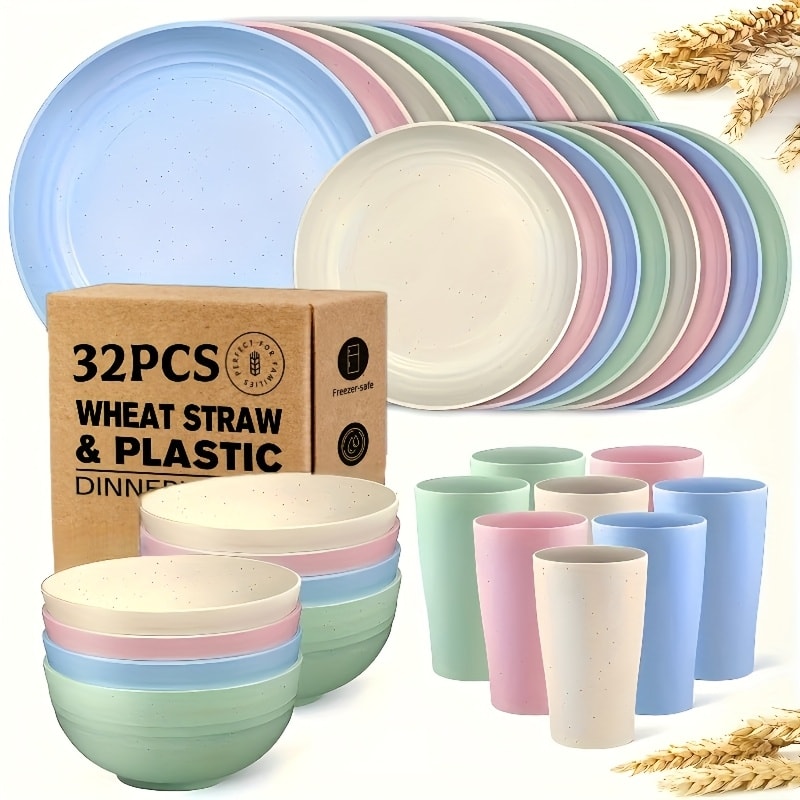 Wheat Straw Dinnerware Set 16 or 32 Piece ¨C Plates & Bowls for 4 or 8 People, Microwave & Dishwasher Safe Plastic Dish Set, Lightweight Colorful Tableware for Home, Party & Holiday