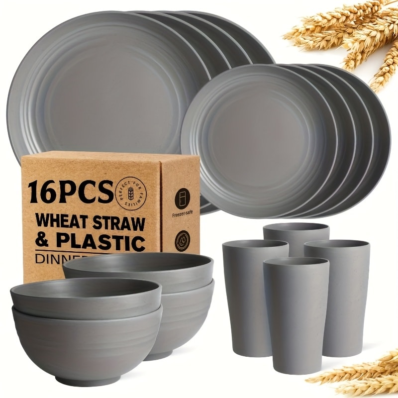 Wheat Straw Dinnerware Set 16 or 32 Piece ¨C Plates & Bowls for 4 or 8 People, Microwave & Dishwasher Safe Plastic Dish Set, Lightweight Colorful Tableware for Home, Party & Holiday