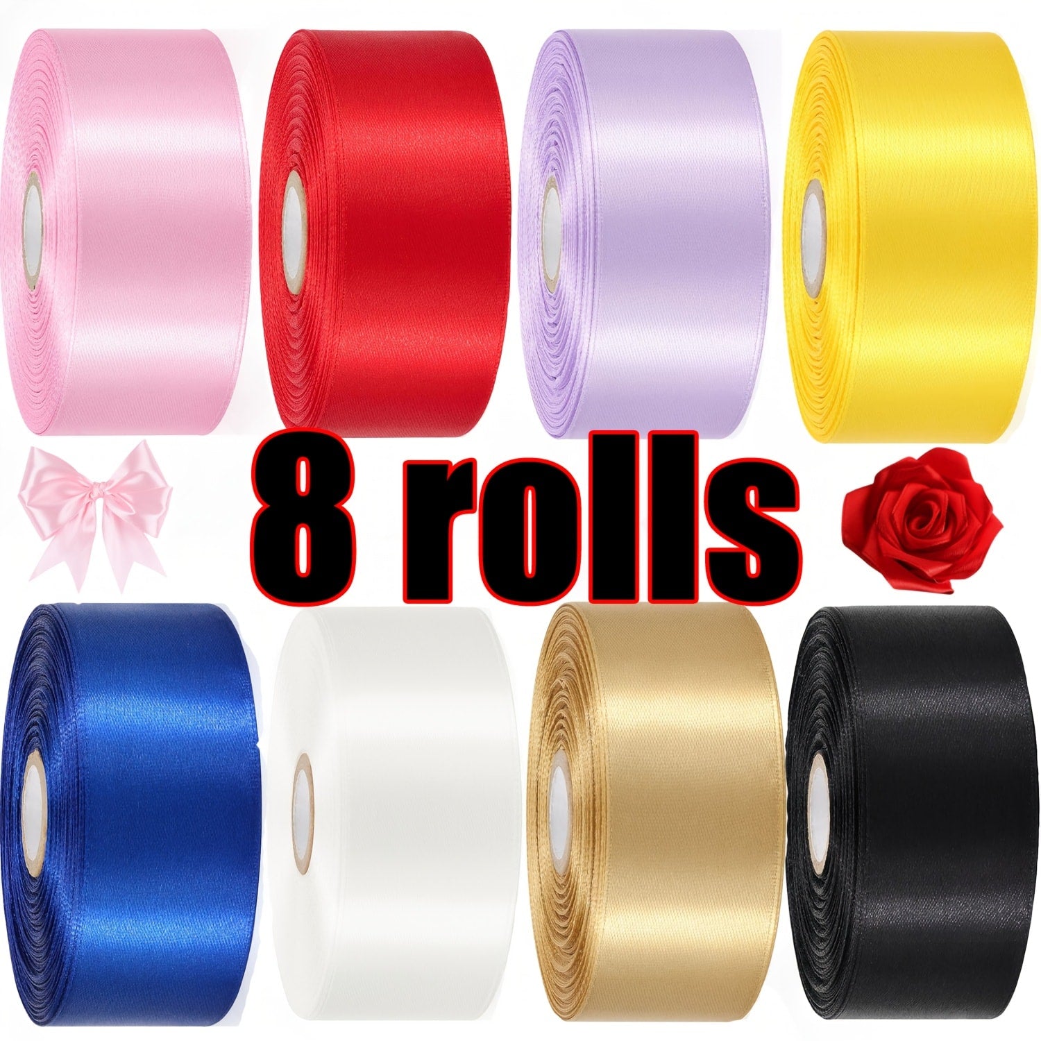 Satin Ribbon 1.5 Inch Wide ¨C 8 Rolls 200 Yards Assorted Colors, Solid Color Silk Ribbon for Gift Wrapping, Hair Bows, Wedding, Party, Christmas & DIY Crafts