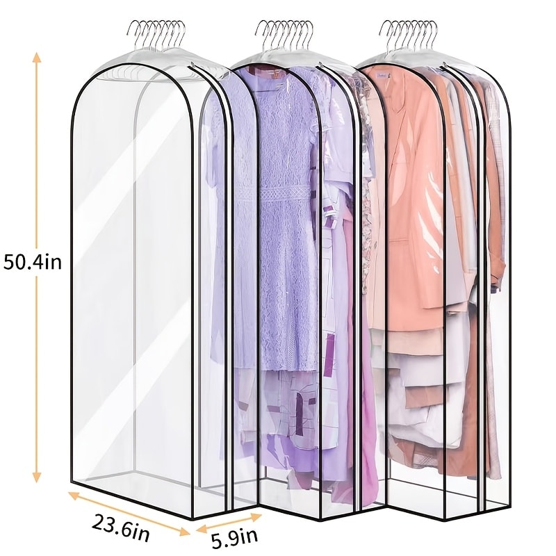 Garment Bags for Hanging Clothes, 3-Pack Transparent Suit Bags with Zipper, Heavy Duty EVA Coat Covers for Wardrobe Closet Storage, Fits 32 40 50 60 Inch Dresses Shirts Coats