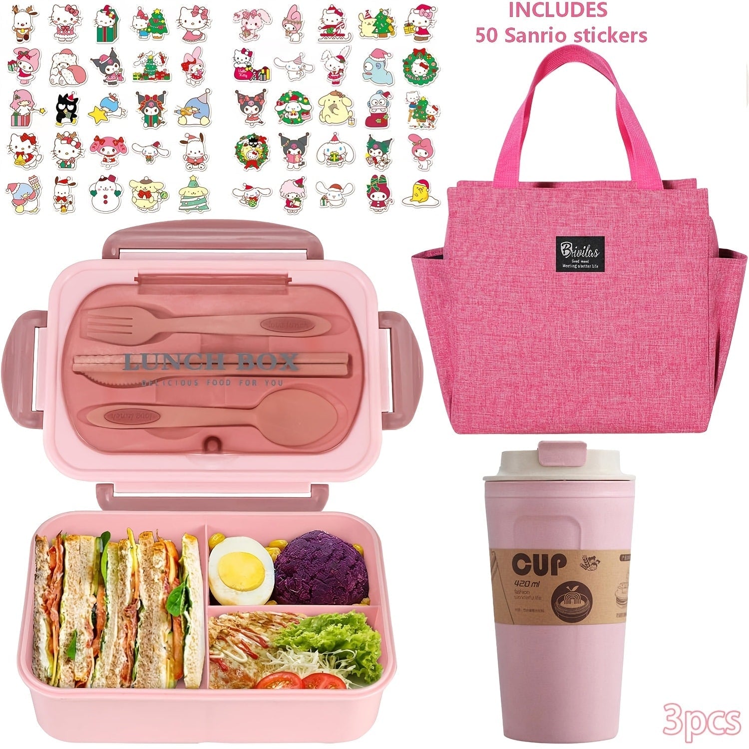 Sanrio Lunch Box Set 53pcs Bento Box with Thermal Bag Breakfast Cup Portable Sealed Compartment Microwave Dishwasher Safe for Work Picnic School