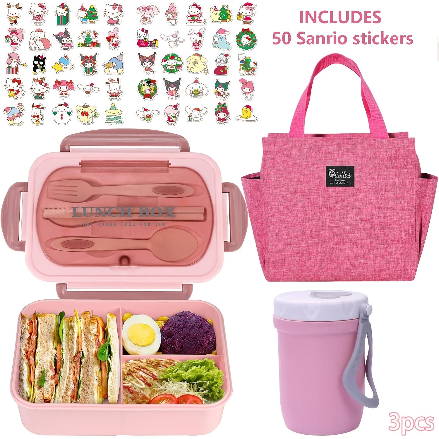 Sanrio Lunch Box Set 53pcs Bento Box with Thermal Bag Breakfast Cup Portable Sealed Compartment Microwave Dishwasher Safe for Work Picnic School