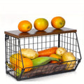 Wall-Mounted Fruit Basket with Wooden Cover - 2-Tier Metal Kitchen Storage Basket with Hooks, Stackable Hanging Organizer for Potatoes Onions Vegetables