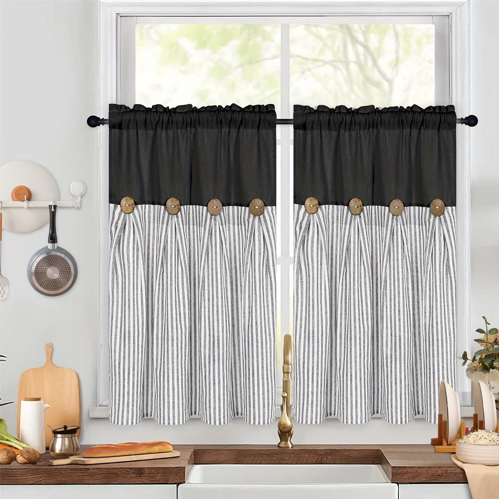 Bohemian Striped Patchwork Curtains, Semi-Sheer Rod Pocket Window Curtains for Bedroom Living Room Kitchen Cafe, Country Cottage Style, 1 or 2 Panels, Multiple Colors & Sizes