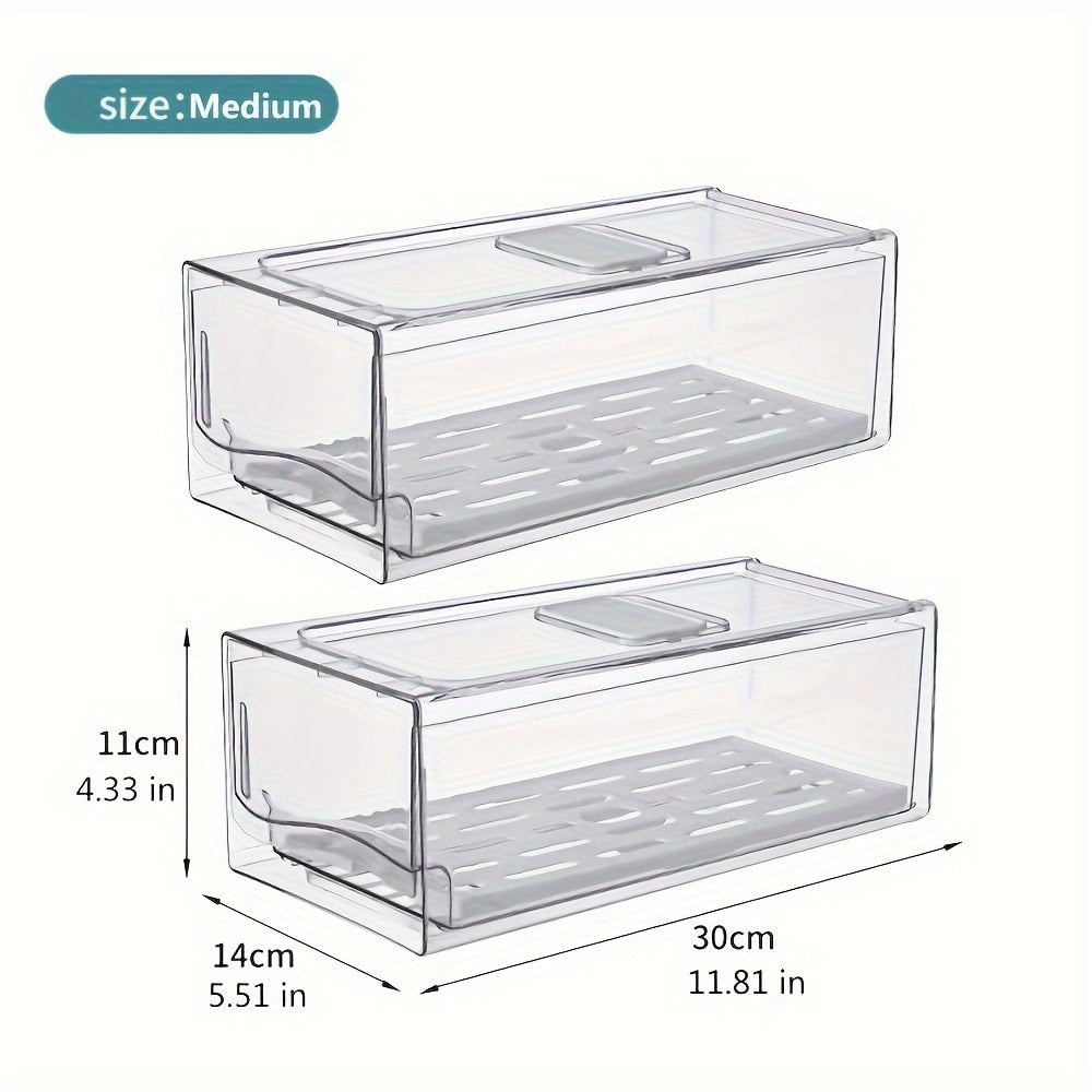 Stackable Fridge Organizer Bins with Drawer, BPA-Free Refrigerator Storage Containers with Drain Board & Ventilation, Clear Food Storage Bins for Kitchen Pantry Freezer, Set of 2
