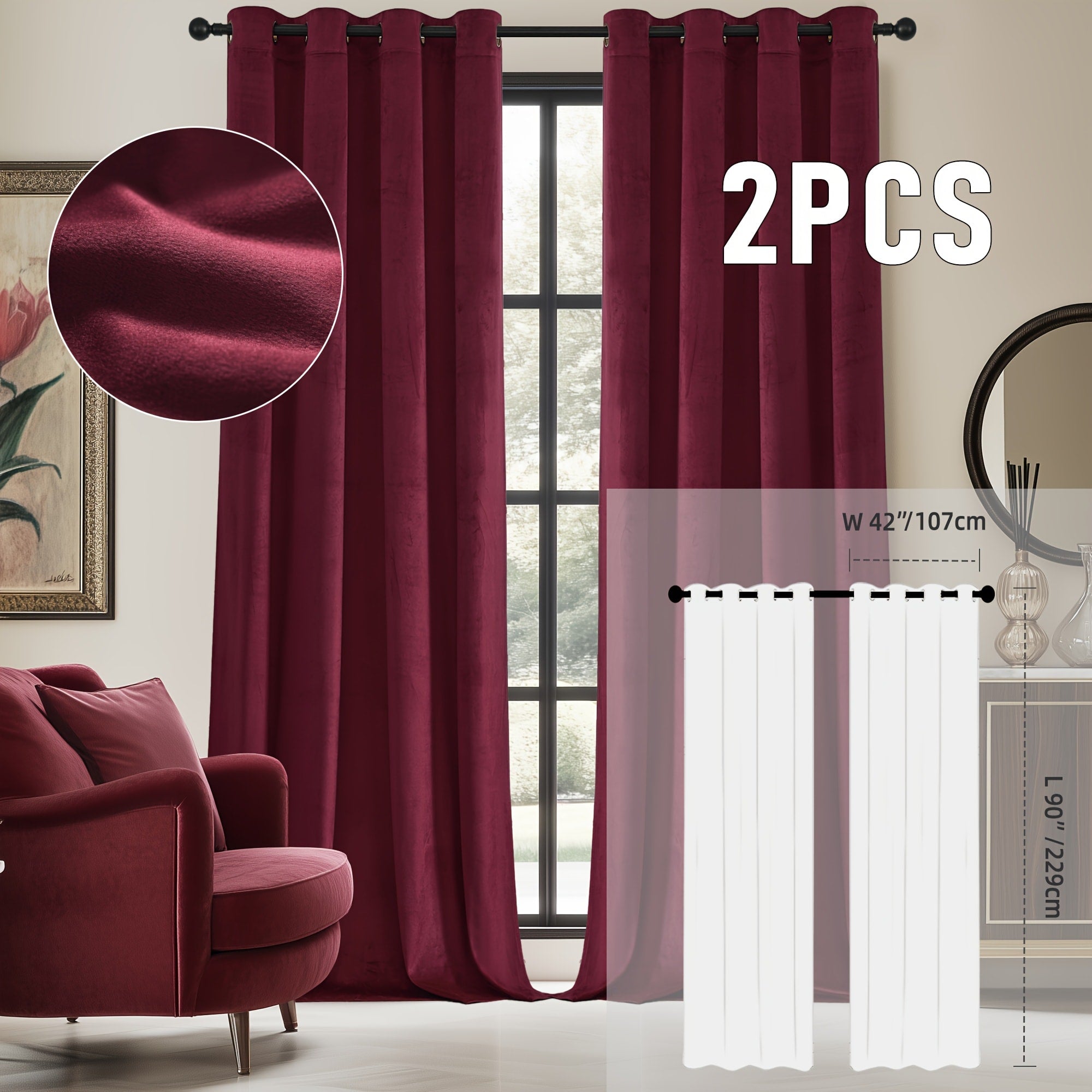 Velvet Room Darkening Curtains 2 Panels | Grommet Top Thermal Insulated Soundproof Blackout Curtains for Living Room Bedroom, Soft Solid Color Vintage Window Drapes