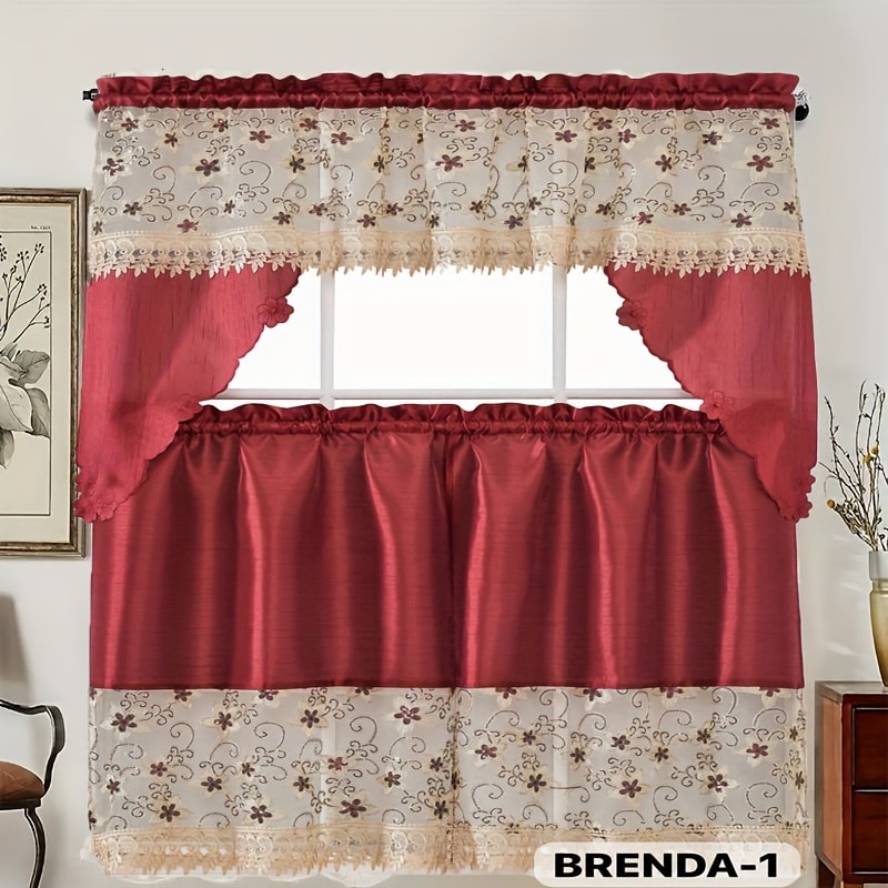 Kitchen Curtains 3 Piece Set Embroidered Satin Valance and Tiers - Rod Pocket Light Filtering Machine Washable 46 Colors Available All Season Home Decor